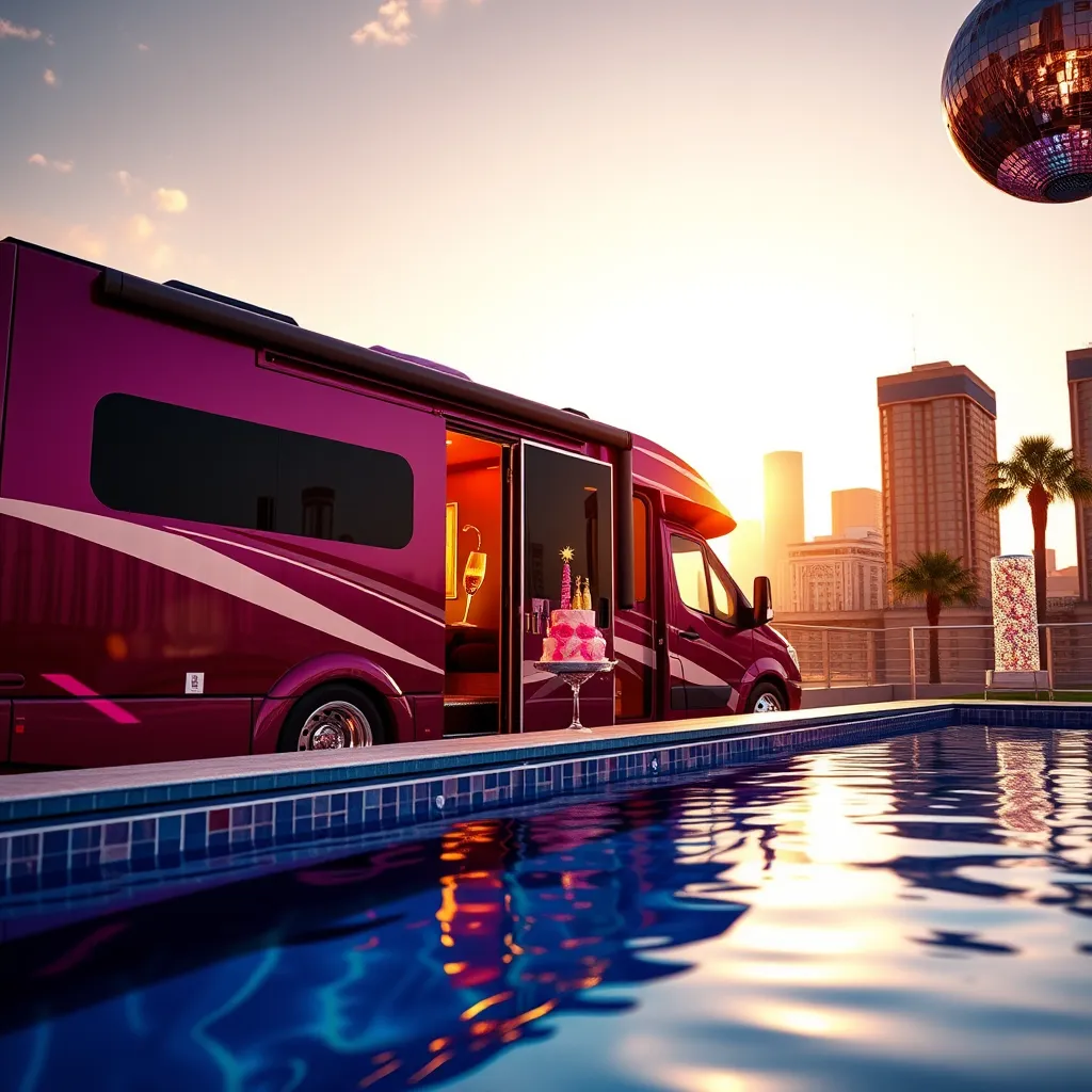 Create a photorealistic, 8K resolution header image for Divas Party SPA RV. Capture a luxurious RV with a sleek, modern exterior painted in a deep, vibrant shade of magenta. The RV should be parked against a backdrop of a vibrant, sunny cityscape, with a sparkling pool in the foreground. The scene should exude an aura of glamour and excitement. The RV's interior should be subtly visible through a partially open door, revealing a lavish, party-ready environment. The lighting should be warm and inviting, with soft golden sunlight highlighting the RV's features. Include elegant, feminine details such as sparkling champagne flutes, a birthday cake with pink and gold decorations, and a shimmering disco ball hanging from the ceiling. The overall aesthetic should be luxurious, vibrant, and celebratory, reminiscent of a high-end magazine photoshoot. Reference images include: 'modern luxury RV interior', 'glamorous birthday party', 'cityscape sunset', 'pool party setting'. , ultra high resolution, photorealistic, 8K, hyperdetailed, cinematic lighting